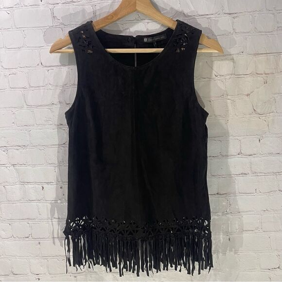House of Harlow 1960 Black Leather Fringe Sleeveless Top Size xSmall - Picture 1 of 7